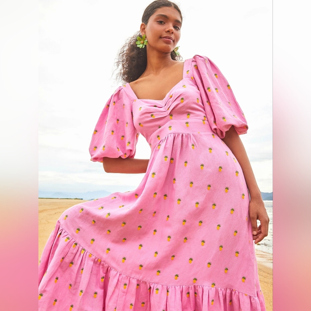 Farm Rio Pink Pineapple Embroidered Dress XS EUC